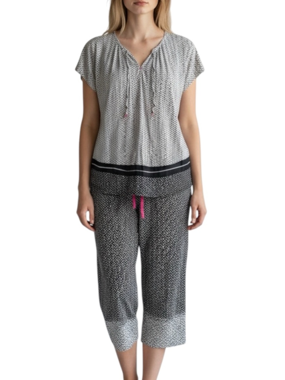 ANNE KLEIN Black & White Printed Pajama Set w/ Pink Drawstring Size Small—FLAWED